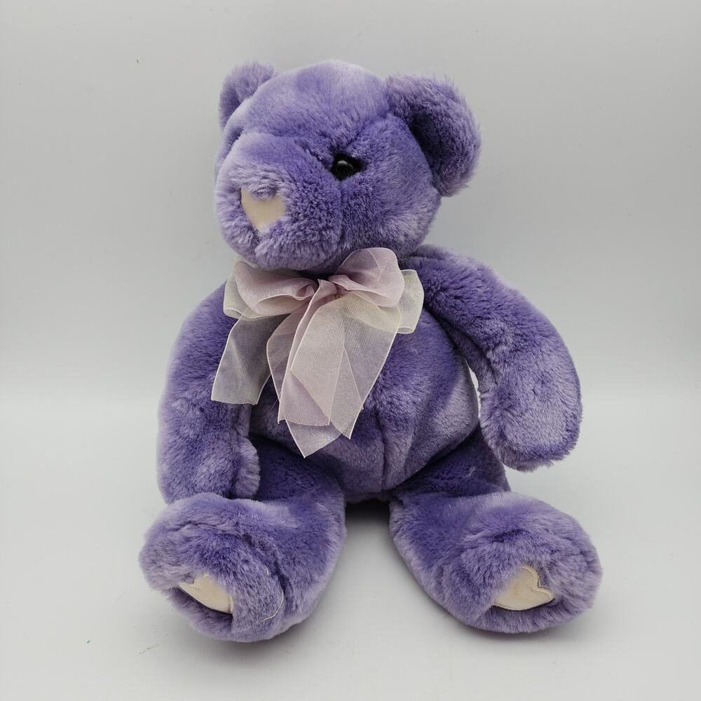 Vintage Commonwealth Purple Bear Plush 10" Satin Bow Heart Nose & Feet 2002